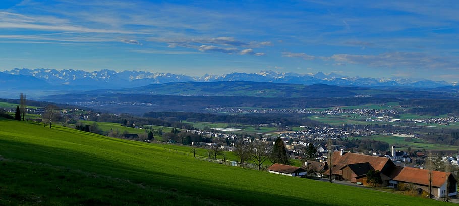 pemandangan, switzerland, aargau, mutschellen, alpine, matahari, panorama, puncak, pegunungan, hijau