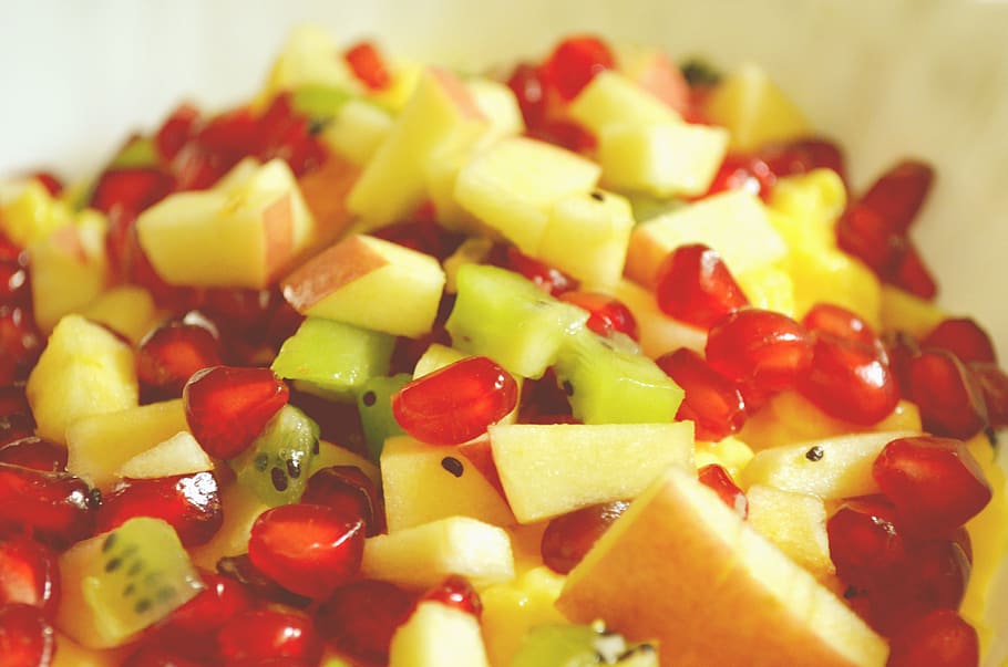 mixed fruit custard, food, food and drink, healthy eating, fruit, wellbeing, freshness, vegetable, close-up, pomegranate