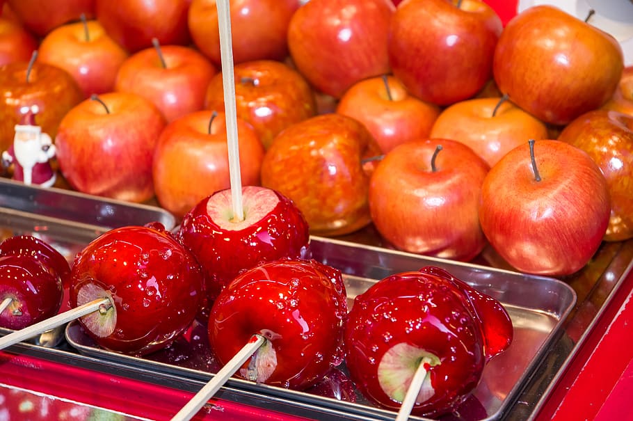 apples, caramel, dessert, fruit, sweets, food, food and drink, freshness, red, healthy eating