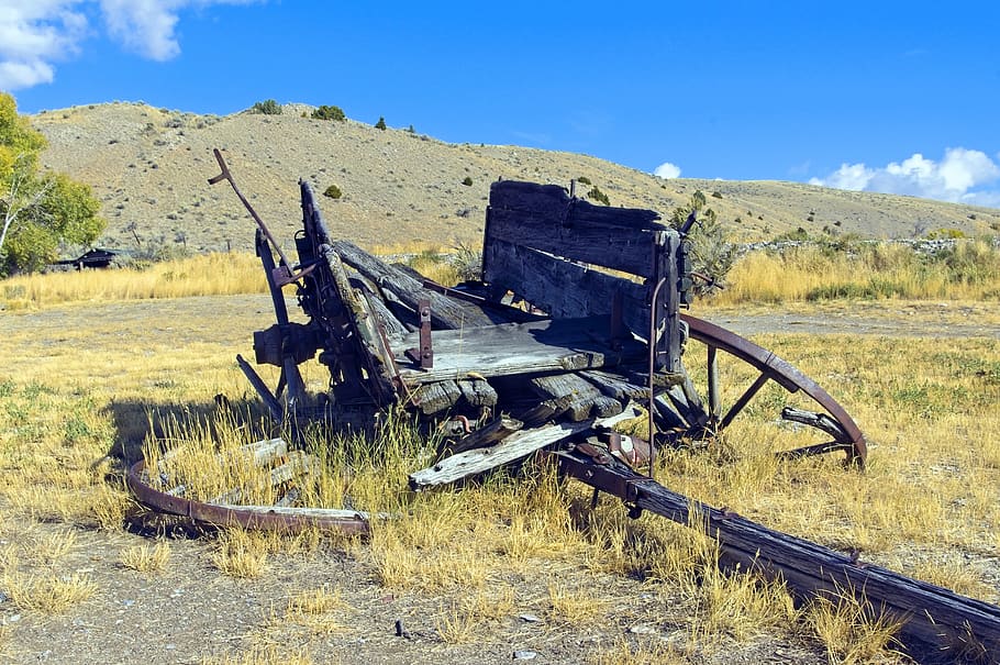 decaying wagon, bannack, state, park, ghost, town, montana, historic, scenery, vigilante