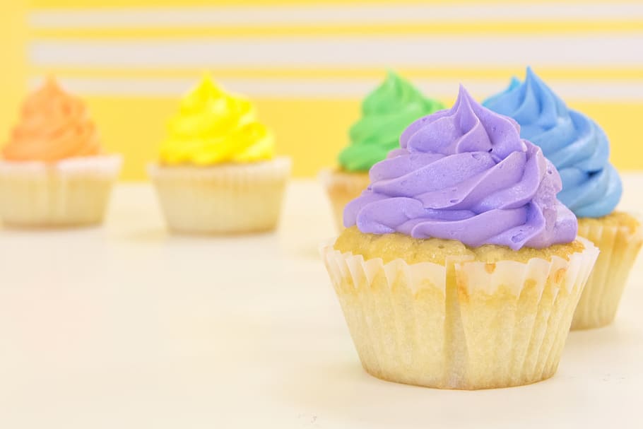 cupcakes, rainbow, purple, blue, green, yellow, buttercream, delicious, dessert, cupcake