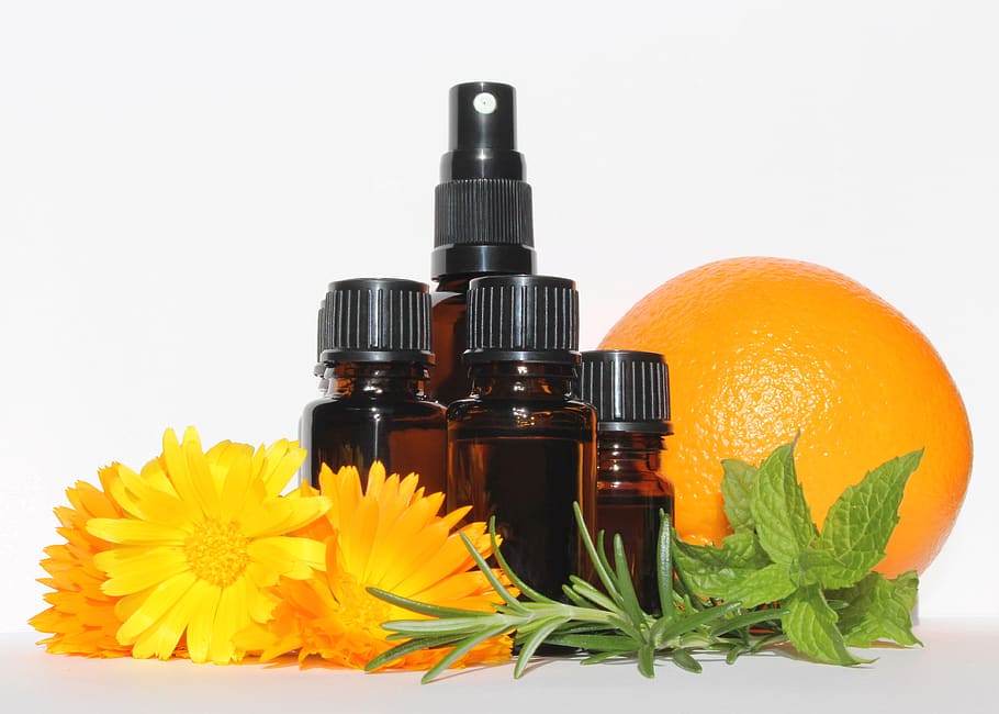 essential oils, bottles, aromatherapy, natural, health, calendula flowers, fragrant, herbs, rosemary, peppermint
