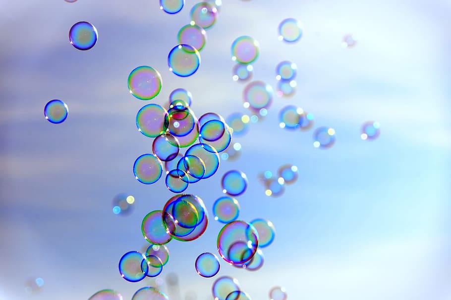 мыльные пузыри, удар, мяч, мыло, разноцветный, небо, играть, цвет, фарбеншпиль, пузырь