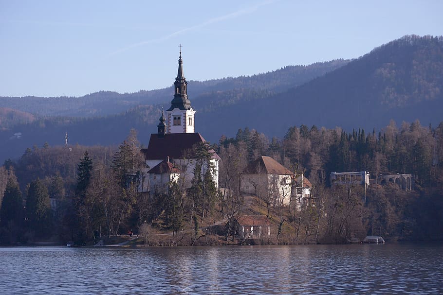 slovenia, bled, lake, church, island, tourism, architecture, tree, mountain, built structure