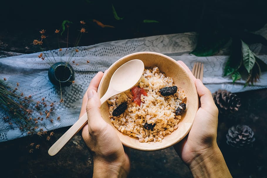 rice bowl, asian, bowl, breakfast, dish, rice, spoon, food and drink, human hand, food