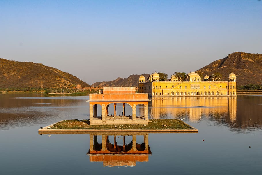jal mahal, jaipur, sunset, water, mirroring, mood, built structure, architecture, sky, reflection