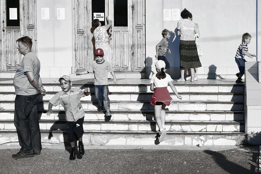 people, children, school, black, white, red, fun, real people, men, architecture