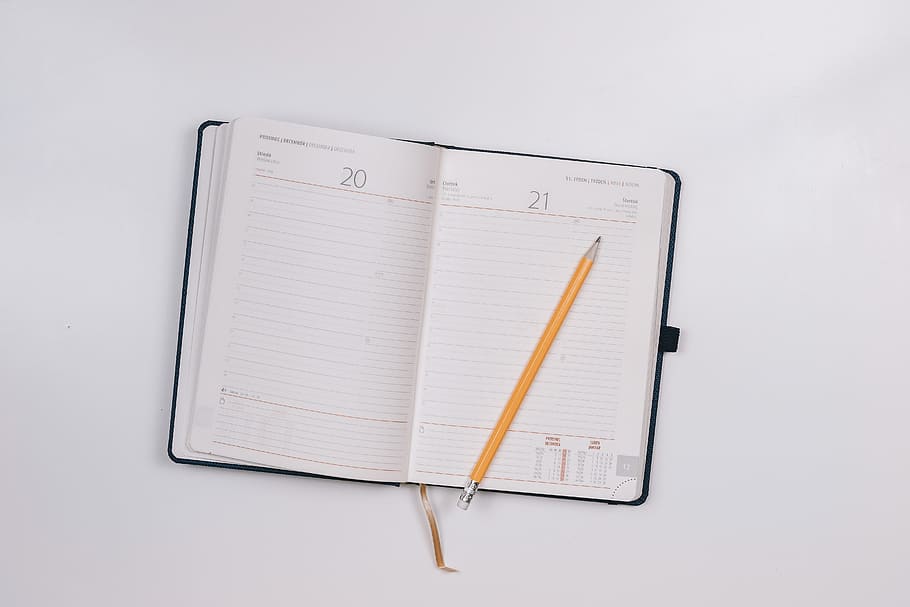 diary, white, table, pencil, studio shot, education, note pad, indoors, publication, white background