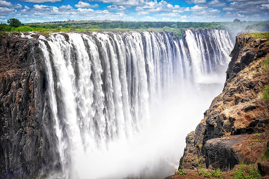 africa, zimbabwe, victoria case, victoria falls, waterfall, zambezi, nature, river, fog, rock