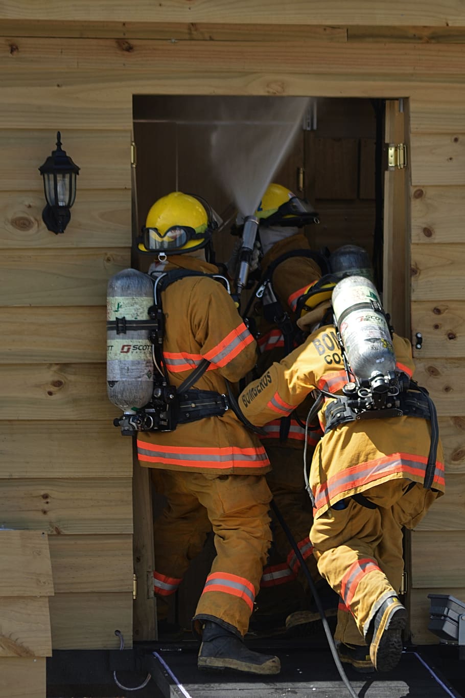 bombero, trabajo, fuego, equipo, protección, casco, servicio, peligro, vivir, capacitación