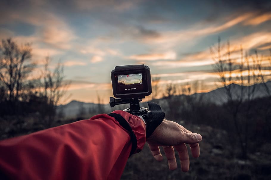 camera, go pro, people, hand, mount, nature, record, video, clouds, sky