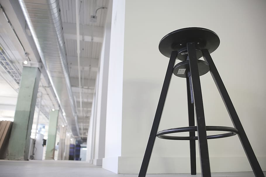 stool, steat, black, warehouse, industrial, pipes, vents, beams, white, indoors