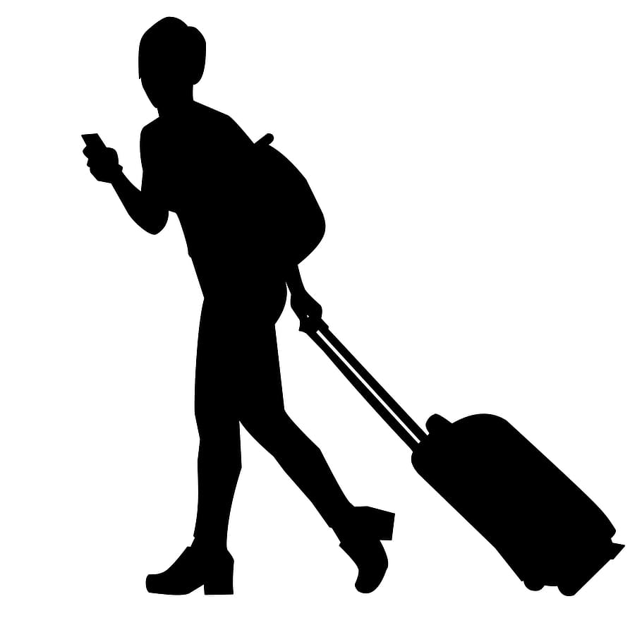 путешествовать, багаж, чемодан, сумка, несущий, женский пол, Силуэт, стиль жизни, мобильный, люди