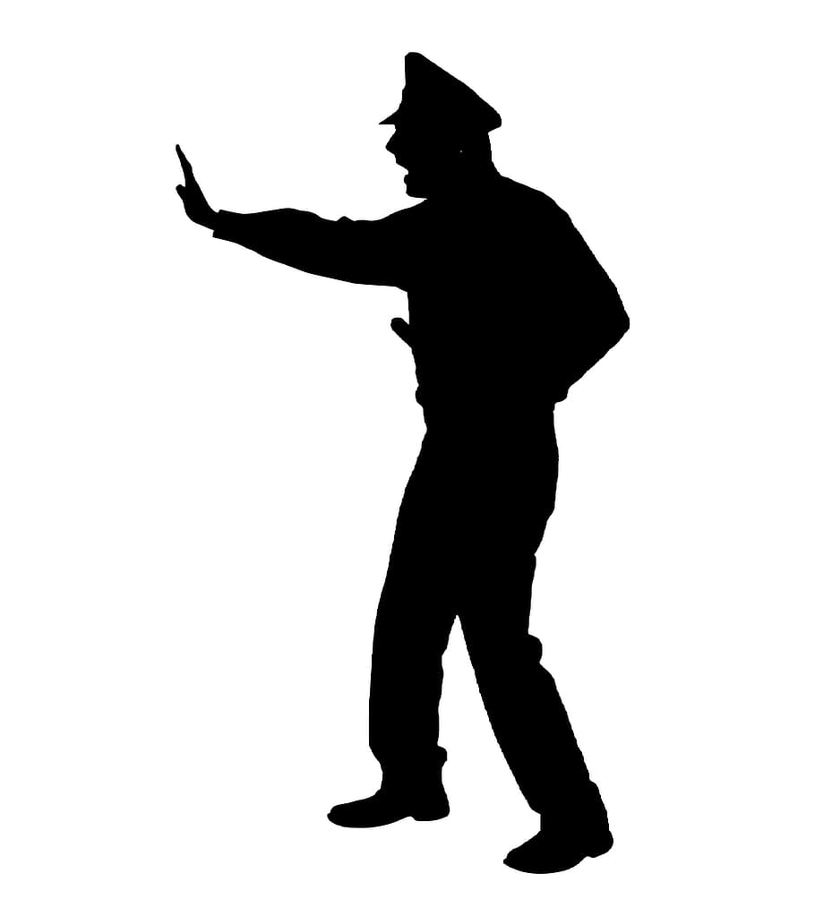 policeman, officer, uniform, stop, warning, pointing, hat, crime, crimescene, silhouette