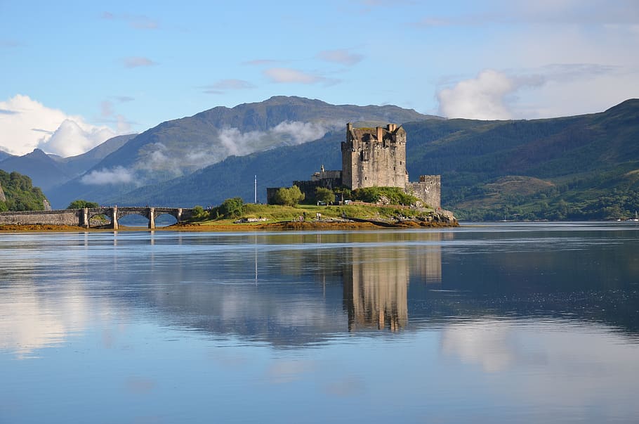 body of water, travel, nature, panoramic, mountain, castle, eilean donan, scotland, built structure, water