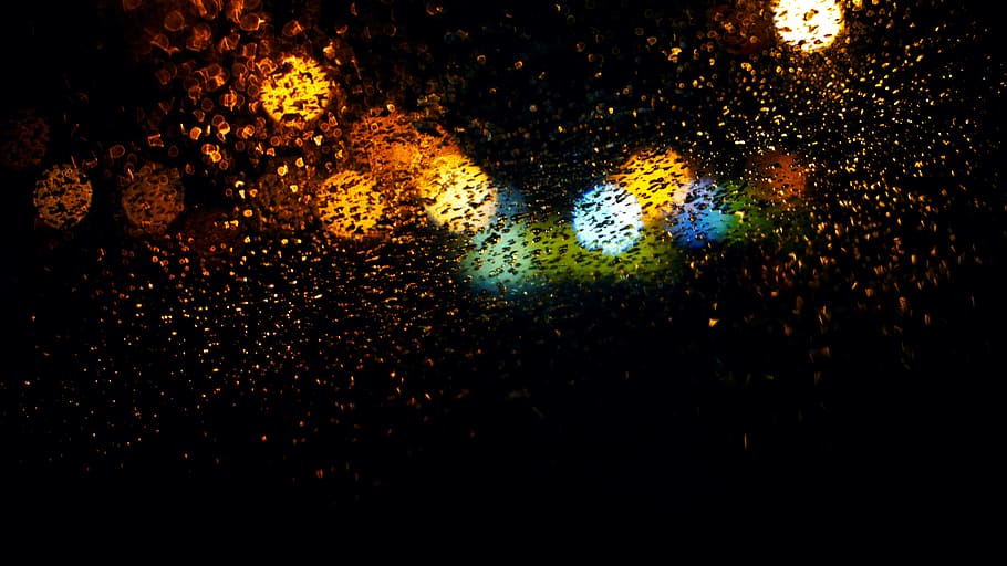 malam, penuh warna, lampu, bokeh, basah, hujan, air, tetes, abstrak, drop