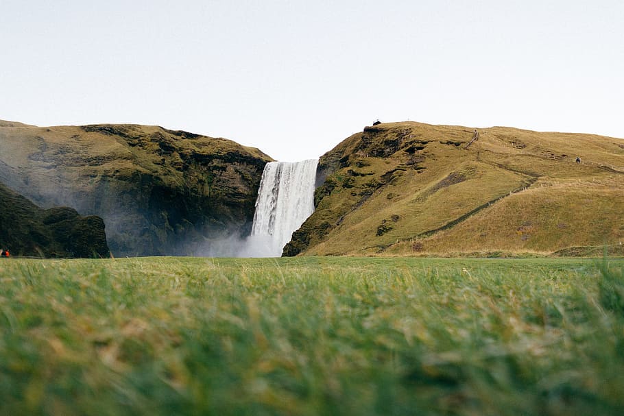 waterfall, highland, mountain, green, grass, nature, field, view, landscape, sky