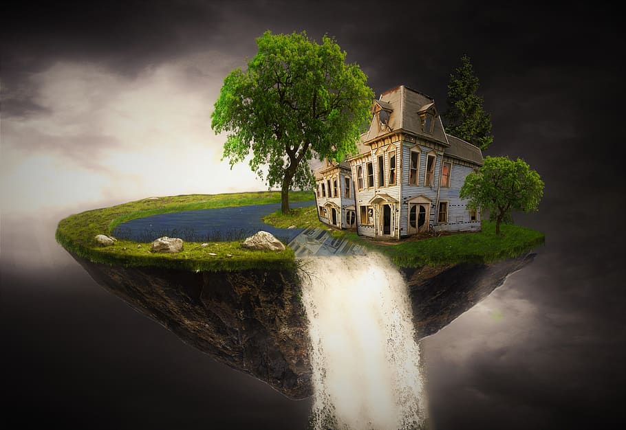 fantasy, home, island, house, forest, sky, clouds, nature, dreams, architecture