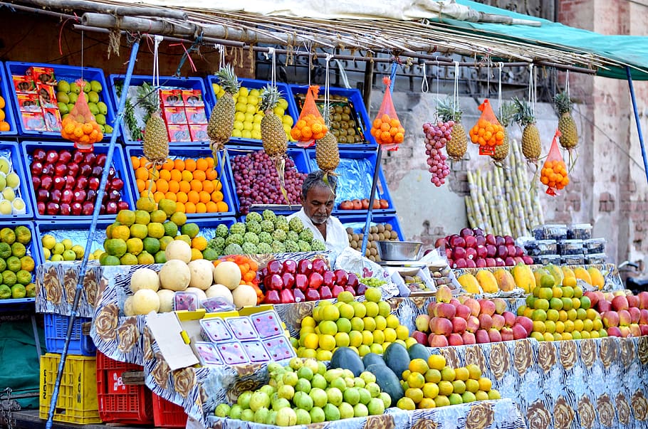 Índia, loja, vendedor, homem, compras, pessoas, mercado, colorido, rua, asiáticos