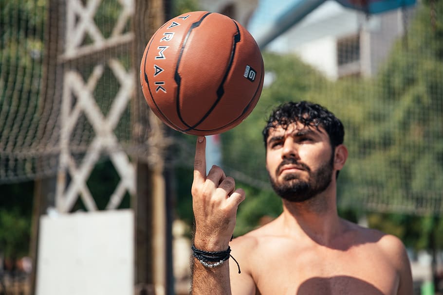 young, man, spinning, basketball, finger, sunlight, 20-25 year old, adult, athlete, athletic