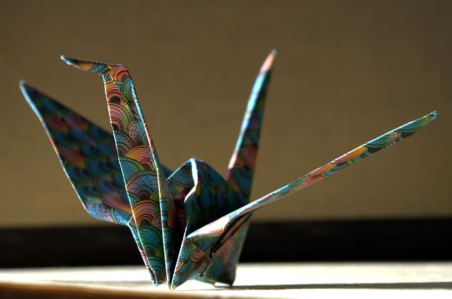 origami, pliegue, papel, grúa, japonés, patrón, gitano, tridimensional, objeto, pájaro