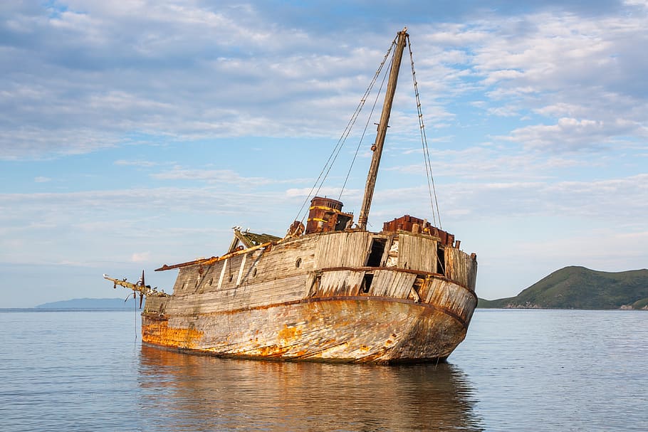 ship, shoal, sunken, sea, wreck, the abandoned, ocean, shipwreck, transport, rusty