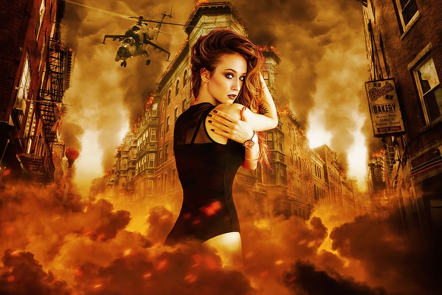 fantasy, fire, smoke, building, street, action, flames, helicopter, dystopian worlds, apocalyptic