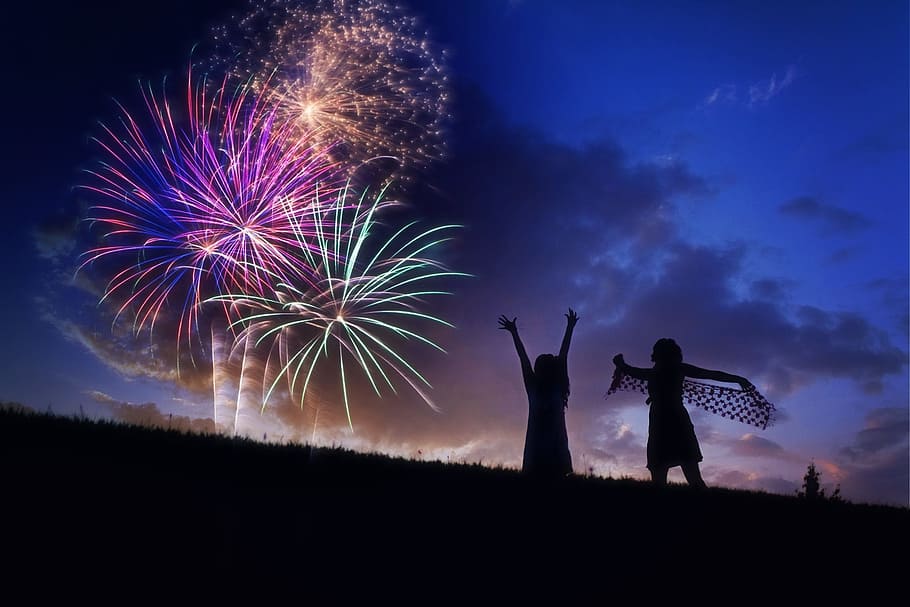 firework, celebrate, celebration, light, effect, human, activity, two people, night, sky