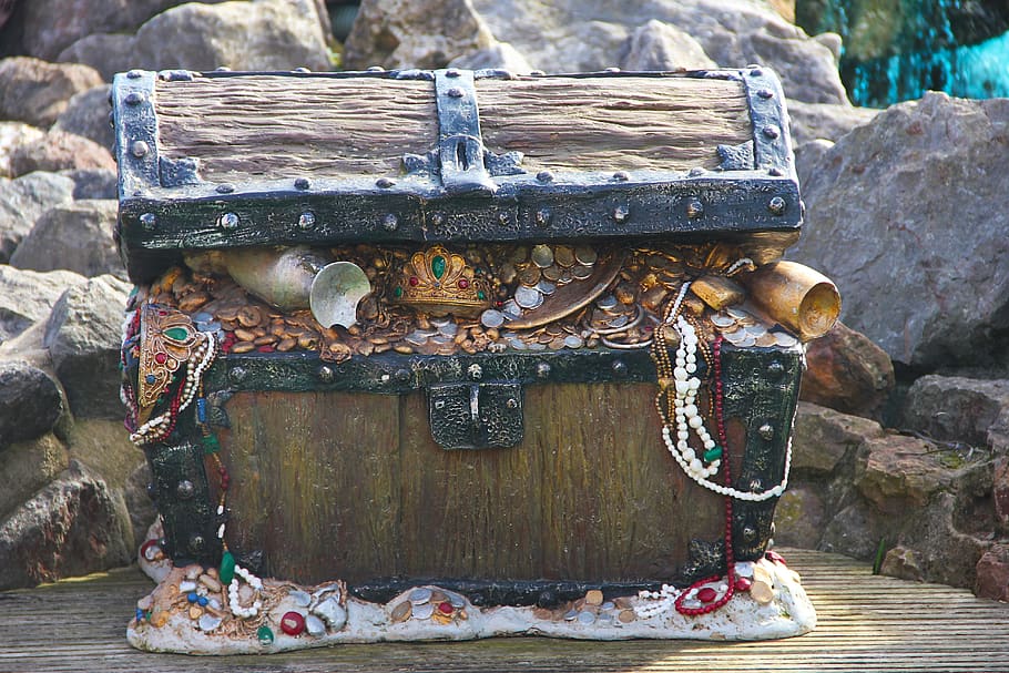 chest, treasure, pirate, money, box, coins, valuable, wealth, rich, wooden