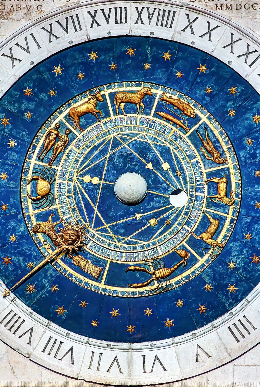 padova, relógio, torre, itália, tempo, o zodíaco, sinal de astrologia, espaço, numeral romano, azul