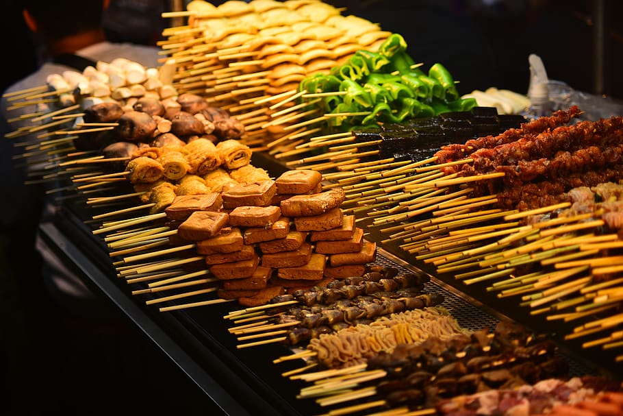 barbecue, meat, string, skewers, food, snack, food and drink, freshness, skewer, large group of objects