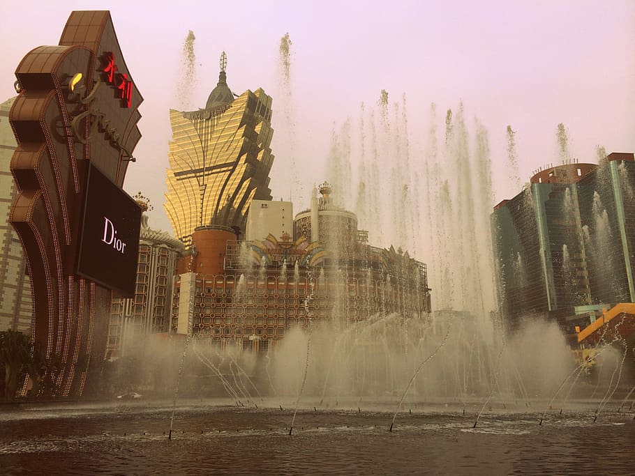 Macao, China, hoteles, casinos, juegos de azar, Wynn, fuente, agua, arquitectura, ciudad