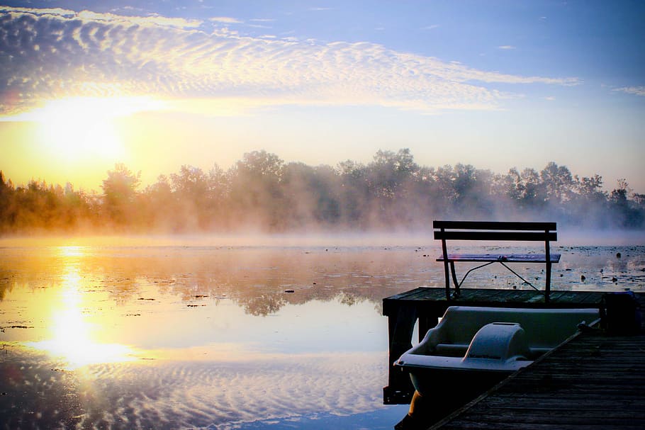 enevoado, lago, manhã, banco, barco, nuvens, amanhecer, doca, névoa, paisagem