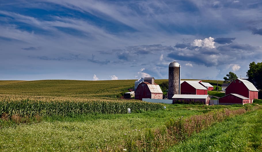 iowa, farm, barn, silo, sky, clouds, panorama, agriculture, rural, country