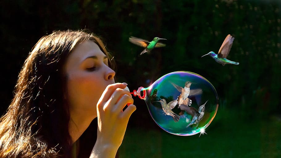 blow bubbles, woman, girl, birds, sunshine, trick, hummingbird, one person, headshot, bubble