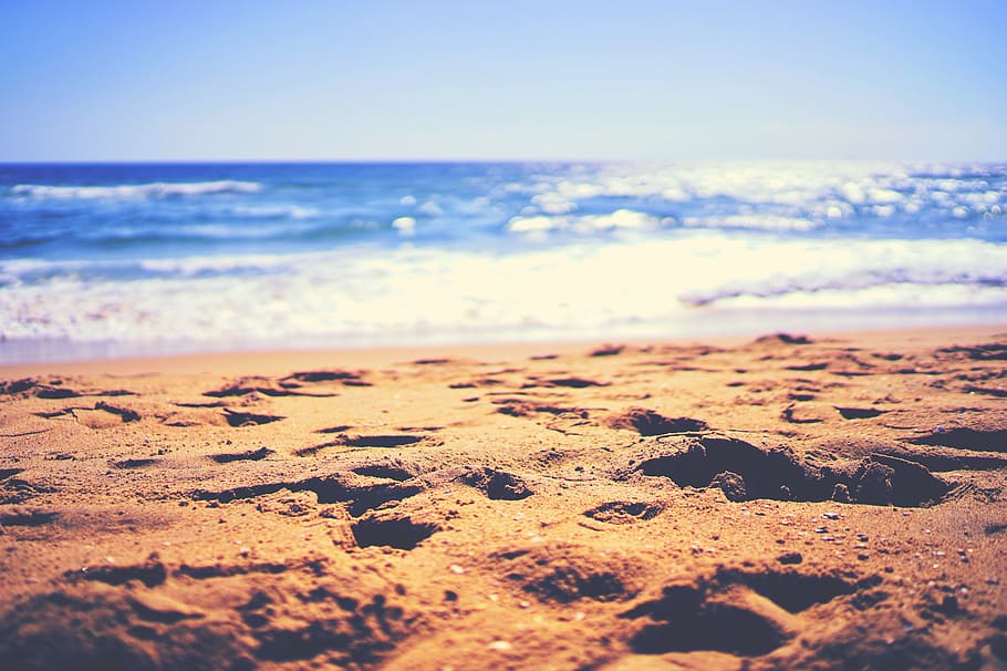 песок, пляж, море, океан, синий, вода, волны, небо, природа, солнечный