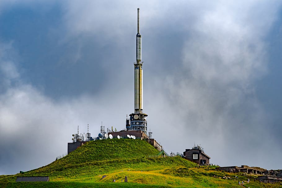 television transmitter, emitter, antenna, volcano, mountain, puy de dome, france europe, sky, built structure, architecture