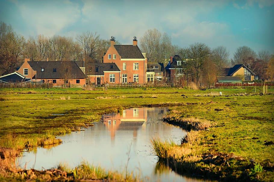 mansão, imobiliário, fazenda, via fluvial, prado, rurais, zona rural, holanda, paisagem holandesa, arquitetura