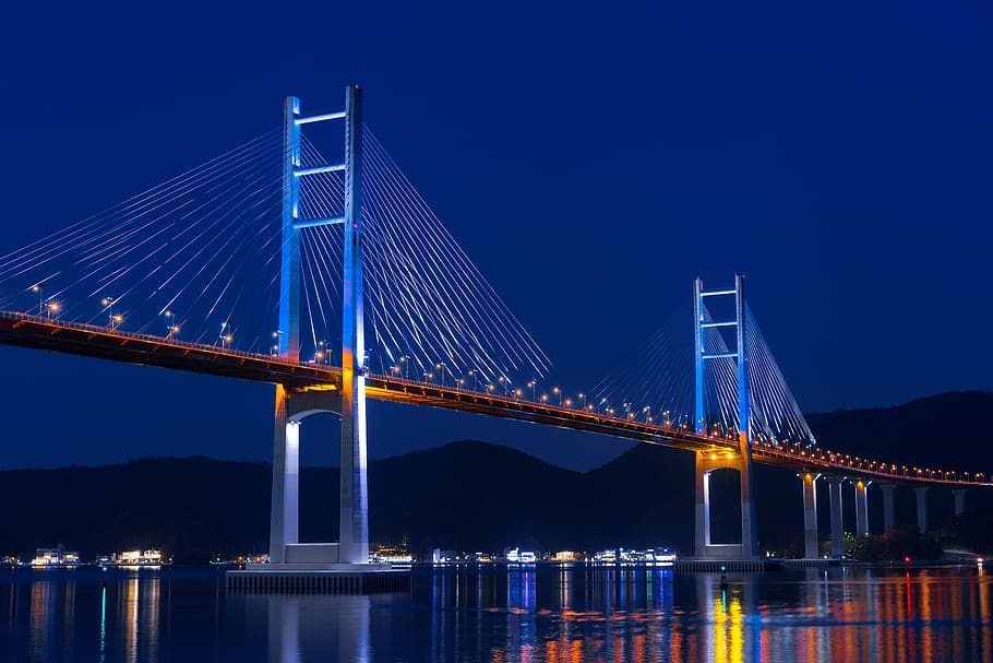 bridge, pier, cable-stayed bridge, post, sea, night view, machang bridge, connection, built structure, bridge - man made structure