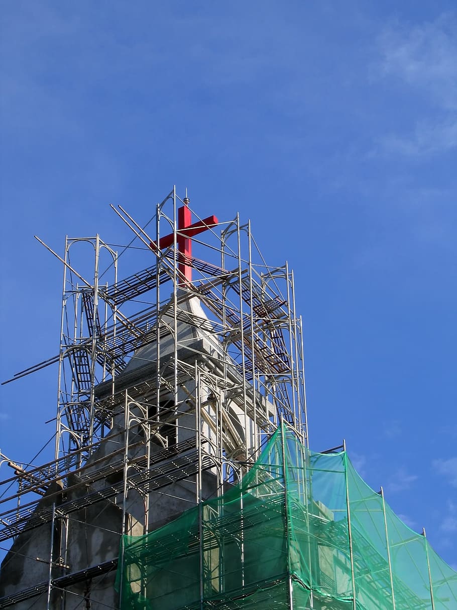 --, red, cross, scaffolding, blue, sky, church, worship, religion, god