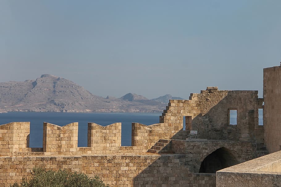 lindos, acropolis, rhodes, greece, history, sky, ruin, castle, old, sea