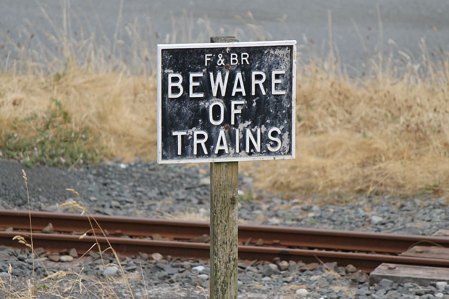 sign, warning, beware, train, safety, signpost, symbol, security, danger, english