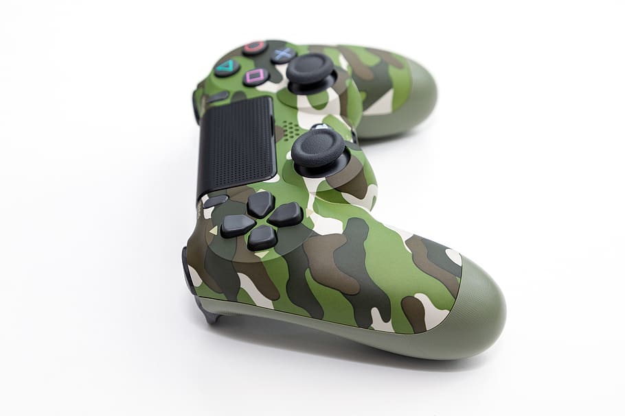 controller, playstation, camo, camouflage, green, console, play, gamepad, entertainment, joystick
