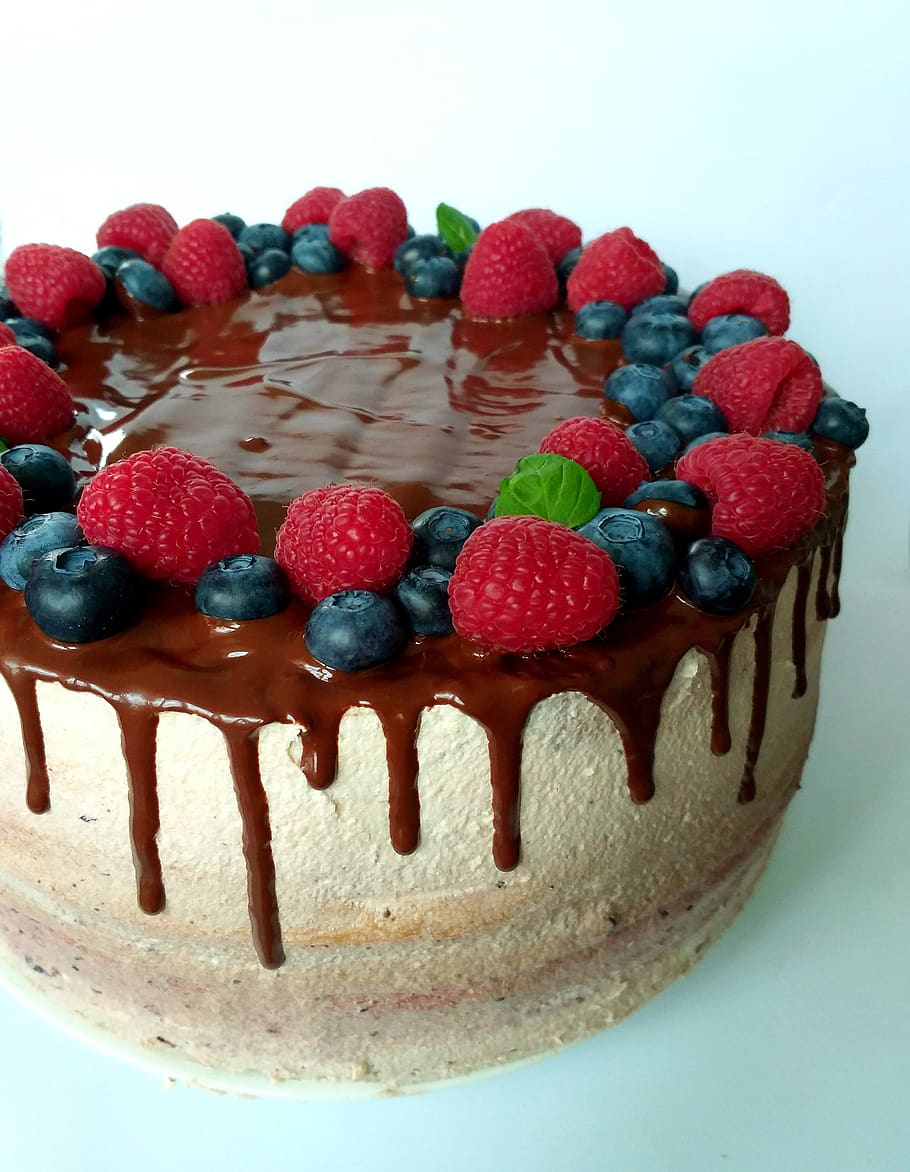 cake, fruit, birthday, raspberries, blueberries, sweets, dessert, chocolate, food, sweet food