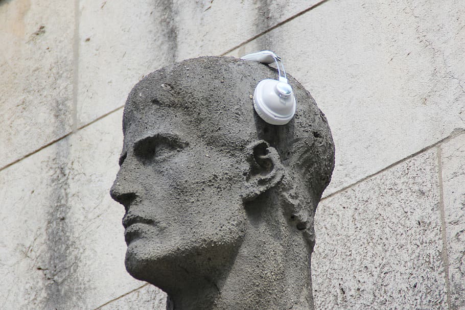 headphone, patung, telinga, mendengarkan, bijaksana, menurut, tenang, kepala, slip, miring