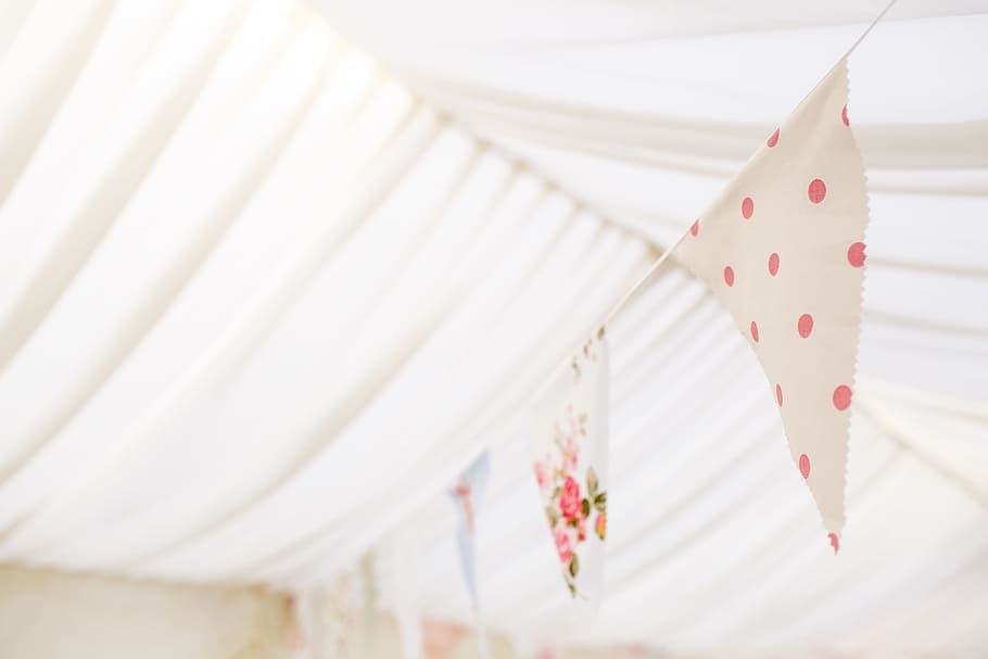 bunting, celebration, weeding, happy, ceremony, reception, pink, dots, white, text