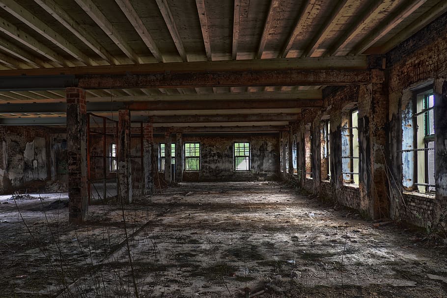architecture, abandoned, old, building, warehouse, empty, brick, dirty, ailing, pforphoto