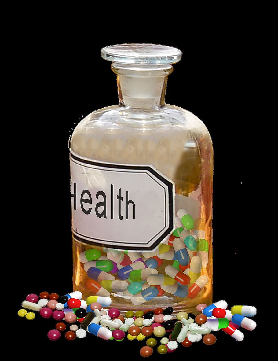 farmácia, médico, medicina, pílula, químico, objeto, recipiente, garrafa, dentro de casa, fundo preto