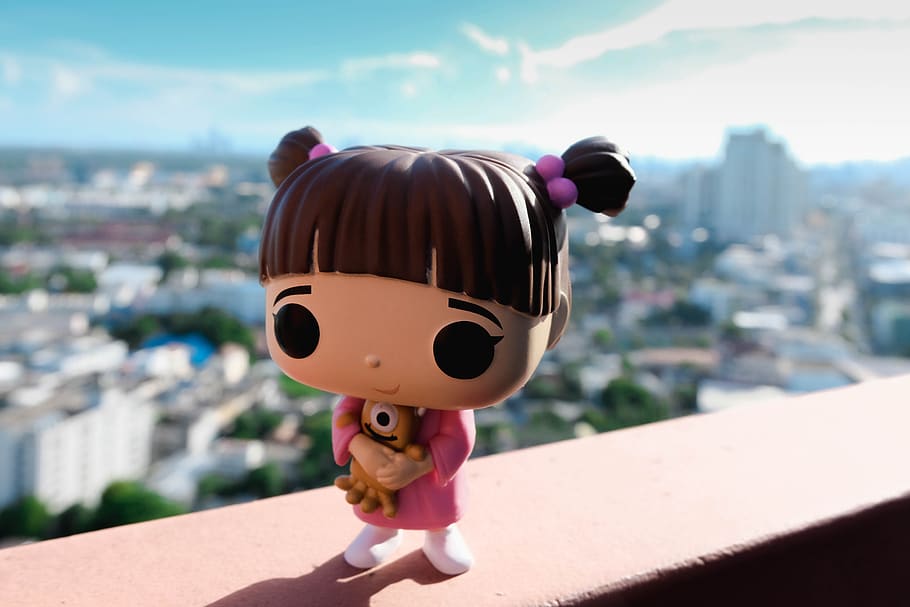 toys, collection, doll, dan blue, funko, boo, city, sunlight, focus on foreground, building exterior