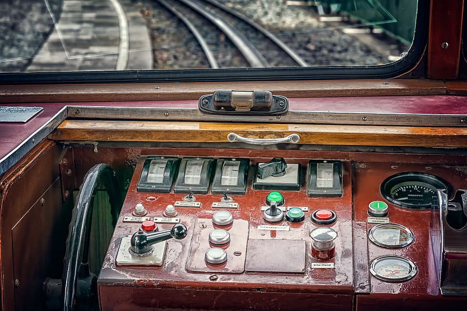 trem, mesa de controle, transporte, tráfego ferroviário, controlador, interruptor, trilhos, botão, ligar, desligar